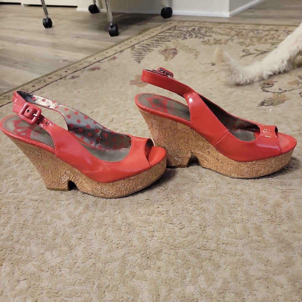 Red platform open toe slingback heels